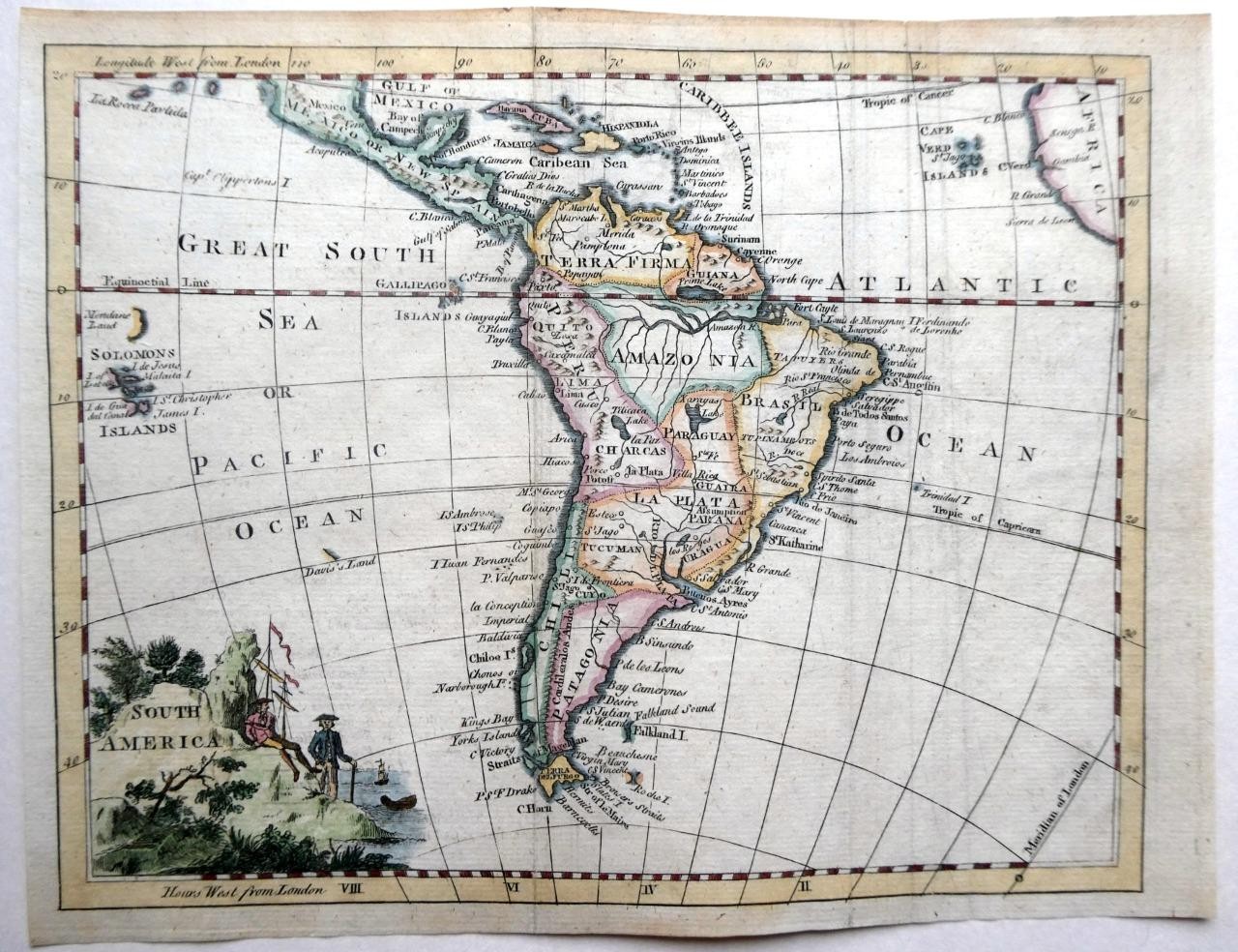 SOUTH AMERICA BY THOMAS JEFFERYS c1764 ORIGINAL ANTIQUE COPPER ENGRAVED MAP.