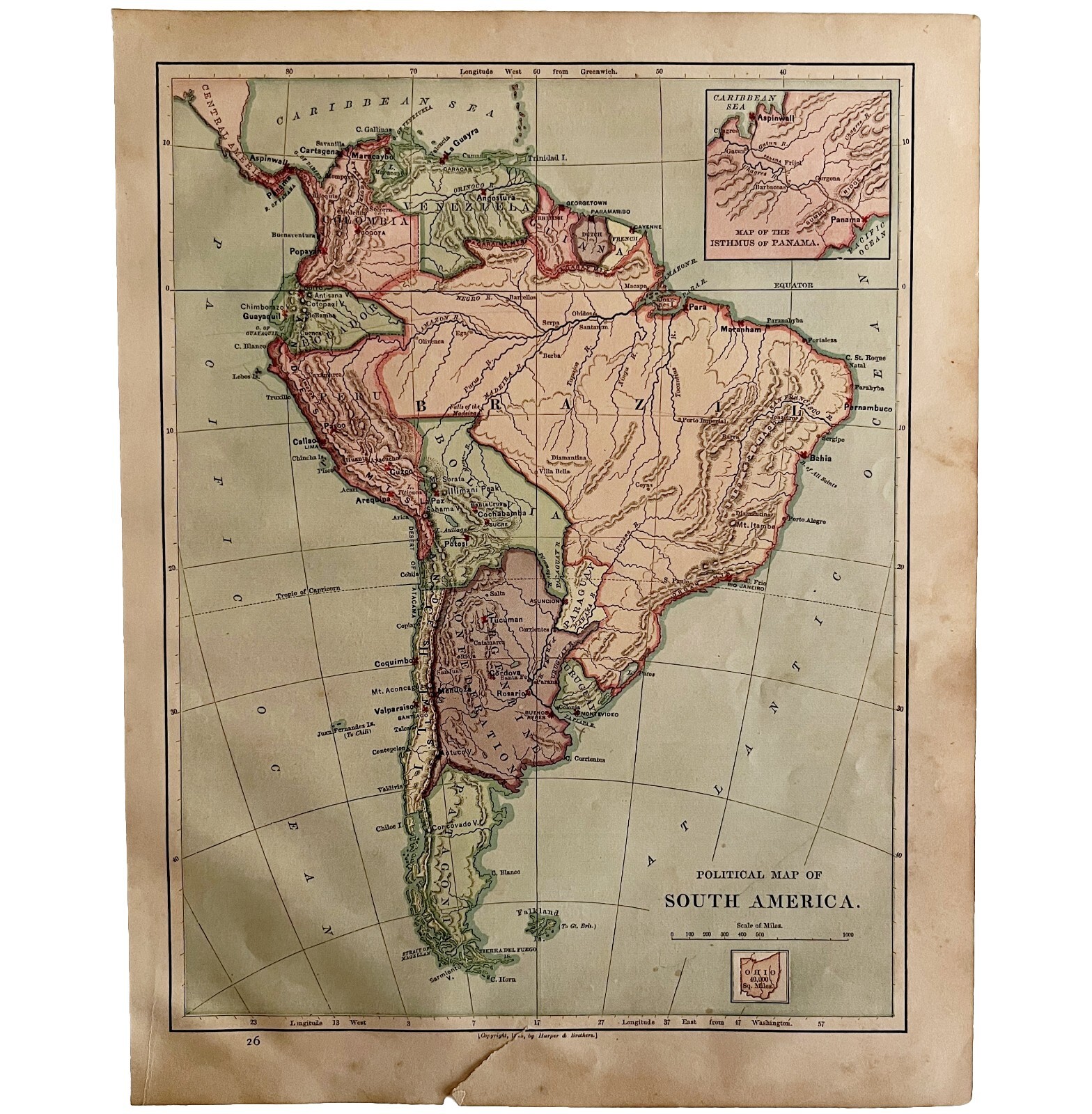 1879 Political Map South America Victorian Harpers Geography 1st Edition DWAA9