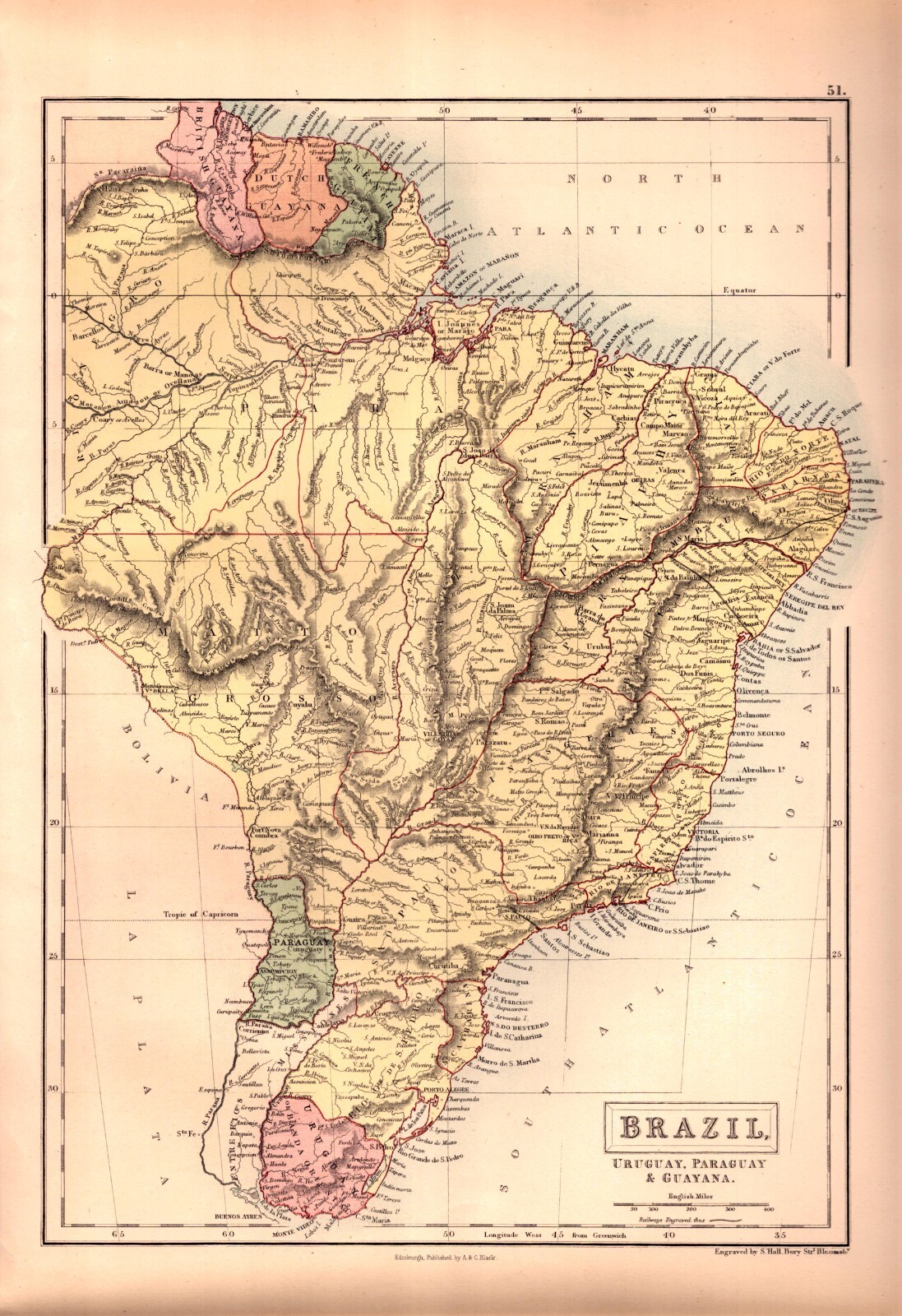 “BRAZIL, URUGUAY, PARAGUAY, GUAYANA” Antique South America map 1889