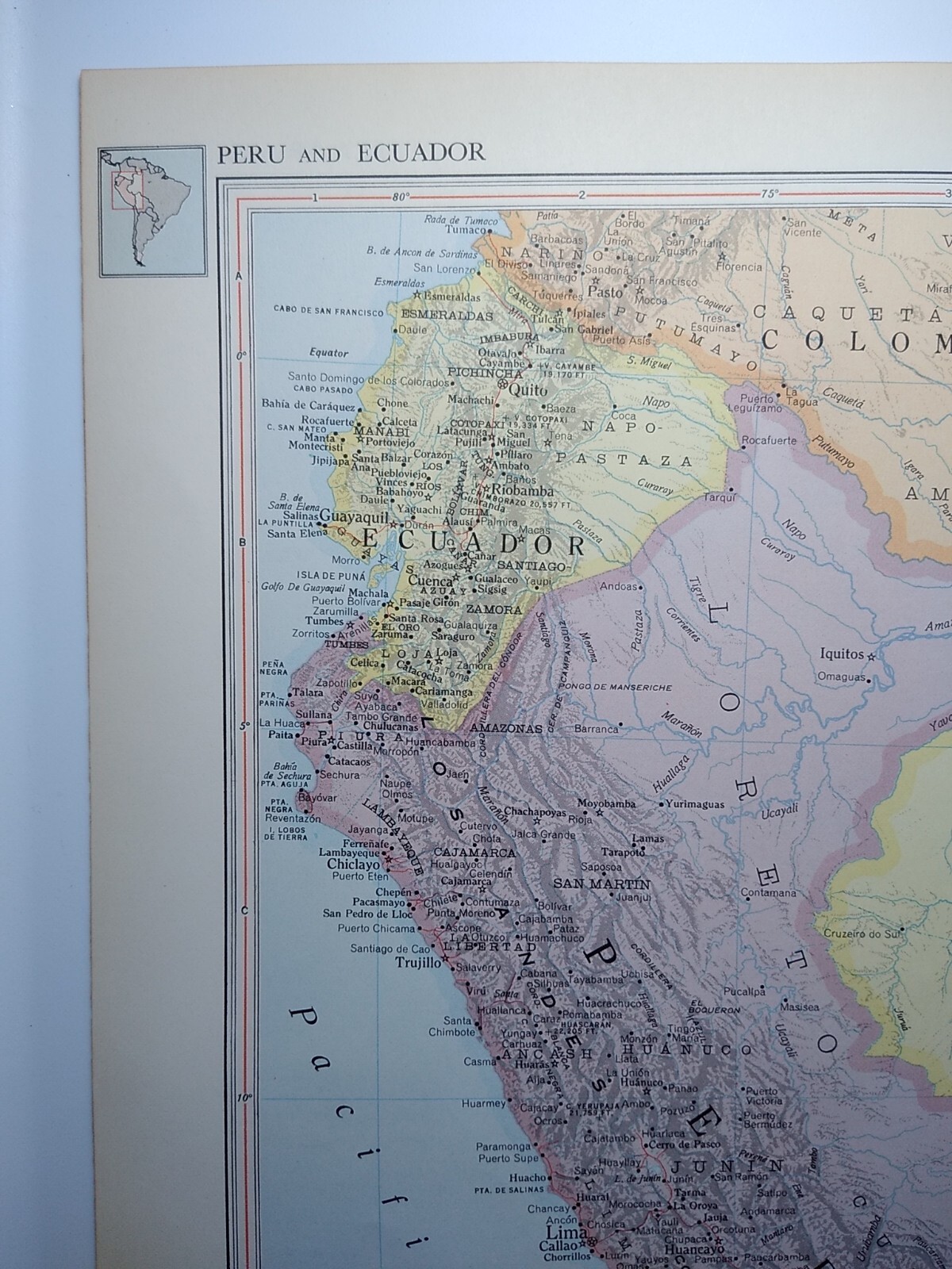 1957 Vintage PERU & ECUADOR Atlas Map Old Antique MCM Encyclopedia Britannica