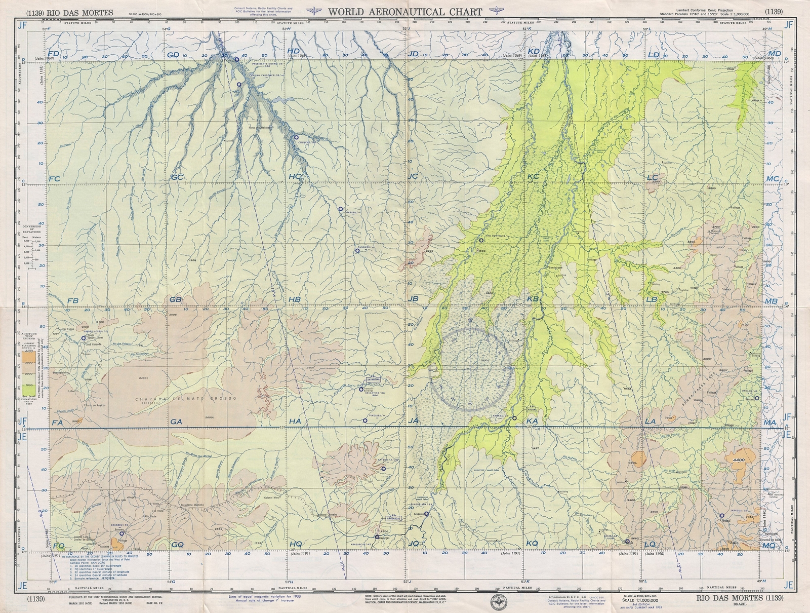 1955 U.S. Air Force Aeronautical Map of the Rio das Mortes, Mato Grosso, Brazil