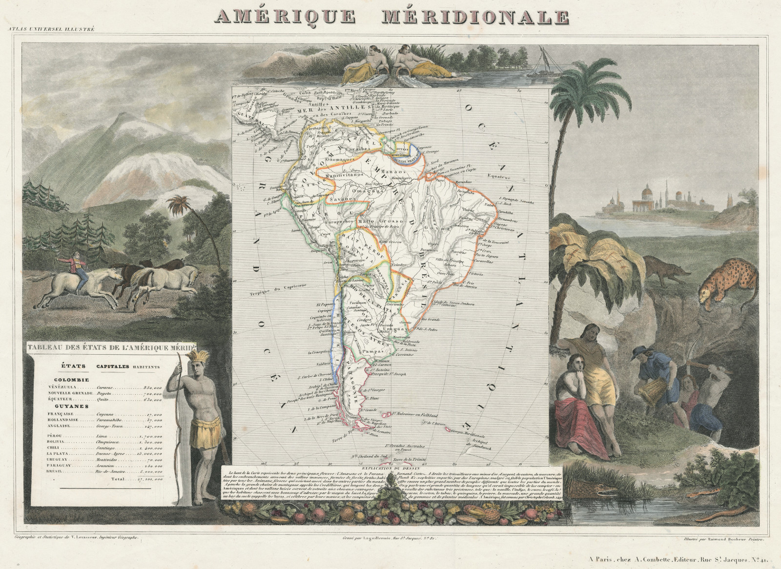 Antique Map “Amerique Meridionale” (South America) V. Levasseur, 1849