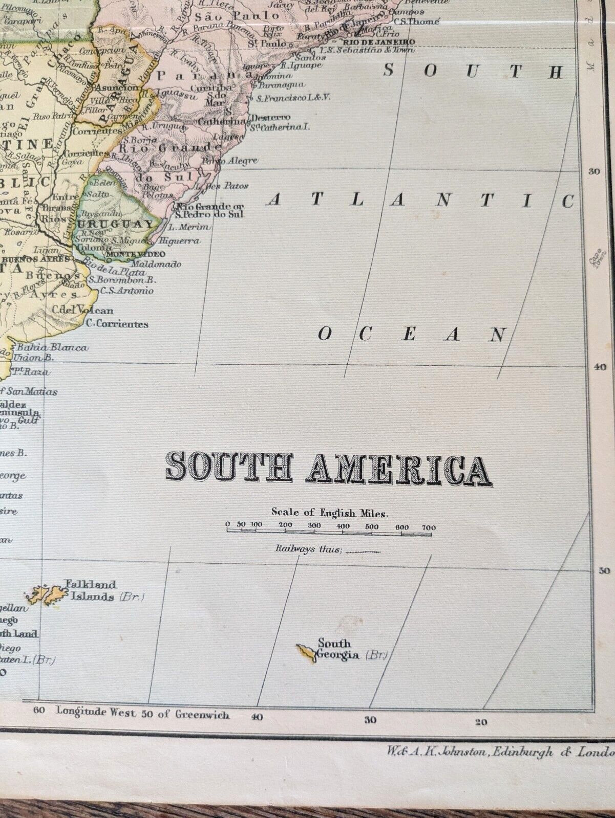 Original 1876 South America Atlas Map by Johnston 14″ x 11 1/4″ Antique