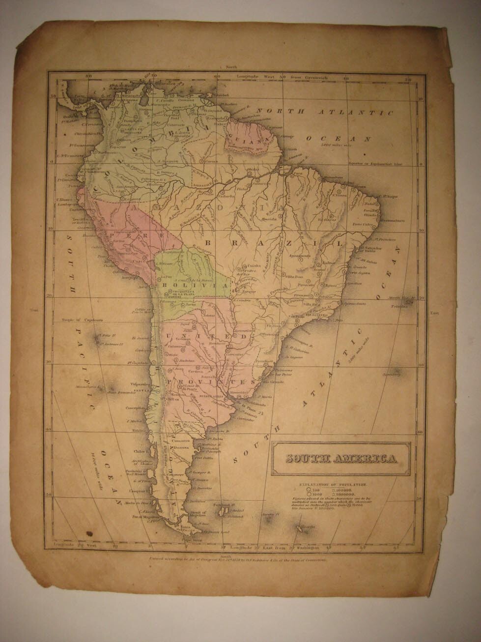 ANTIQUE 1829 SOUTH AMERICA HANDCOLORED MAP BRAZIL UNITED PROVINCES ARGENTINA RAR