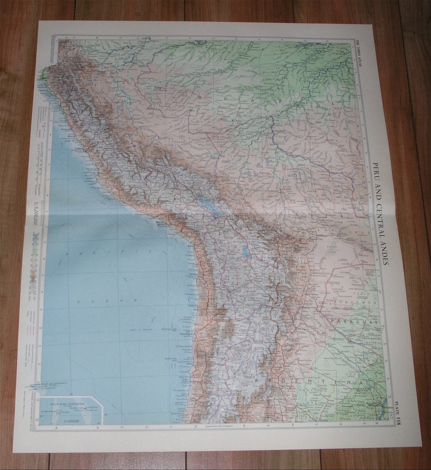 1957 VINTAGE MAP OF ANDES MOUNTAINS / CHILE PERU ARGENTINA / SCALE 1:5,000,000