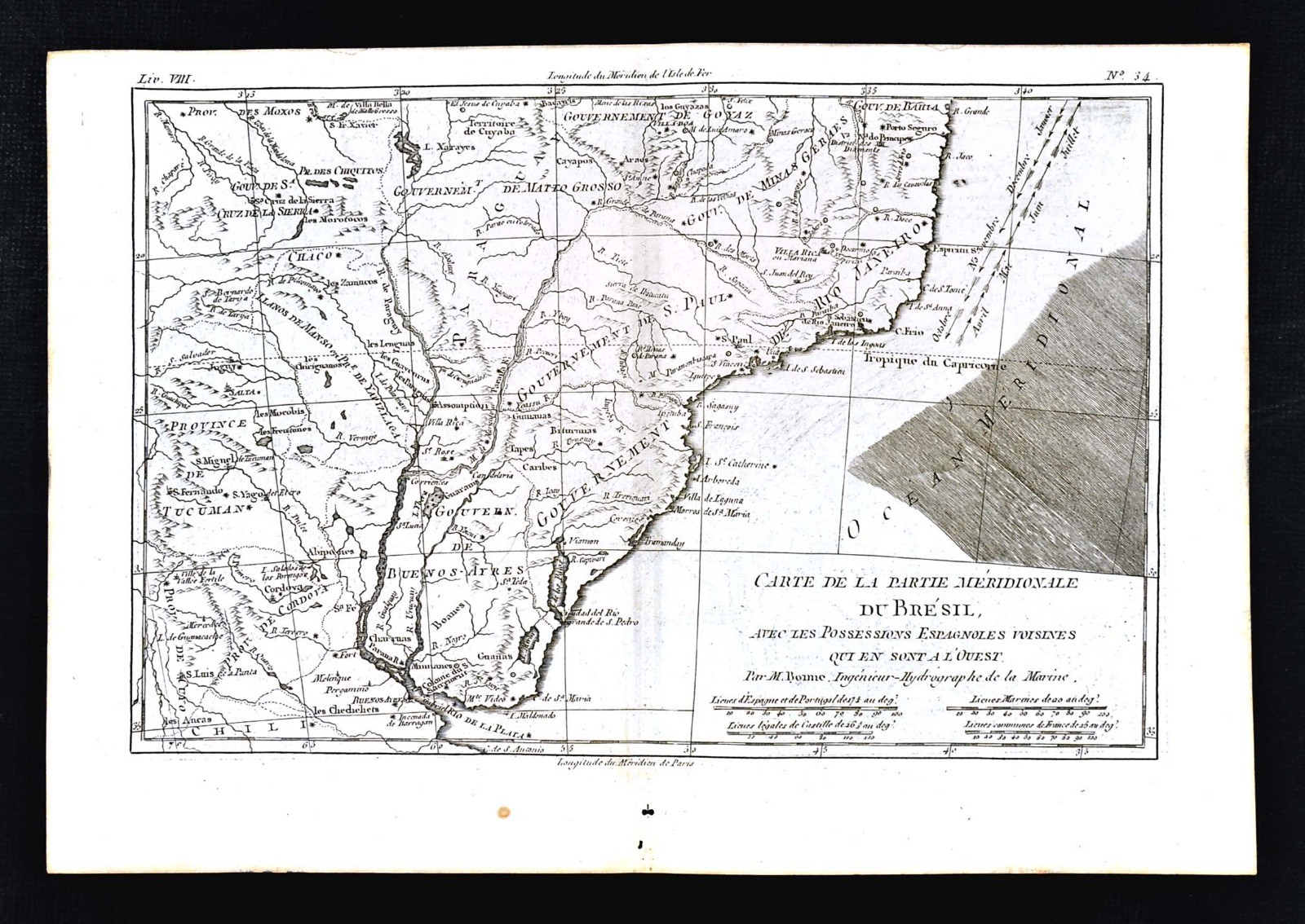 1779 Bonne Map – Southeast Brazil Rio de Janeiro Uruguay Paraguay Argentina