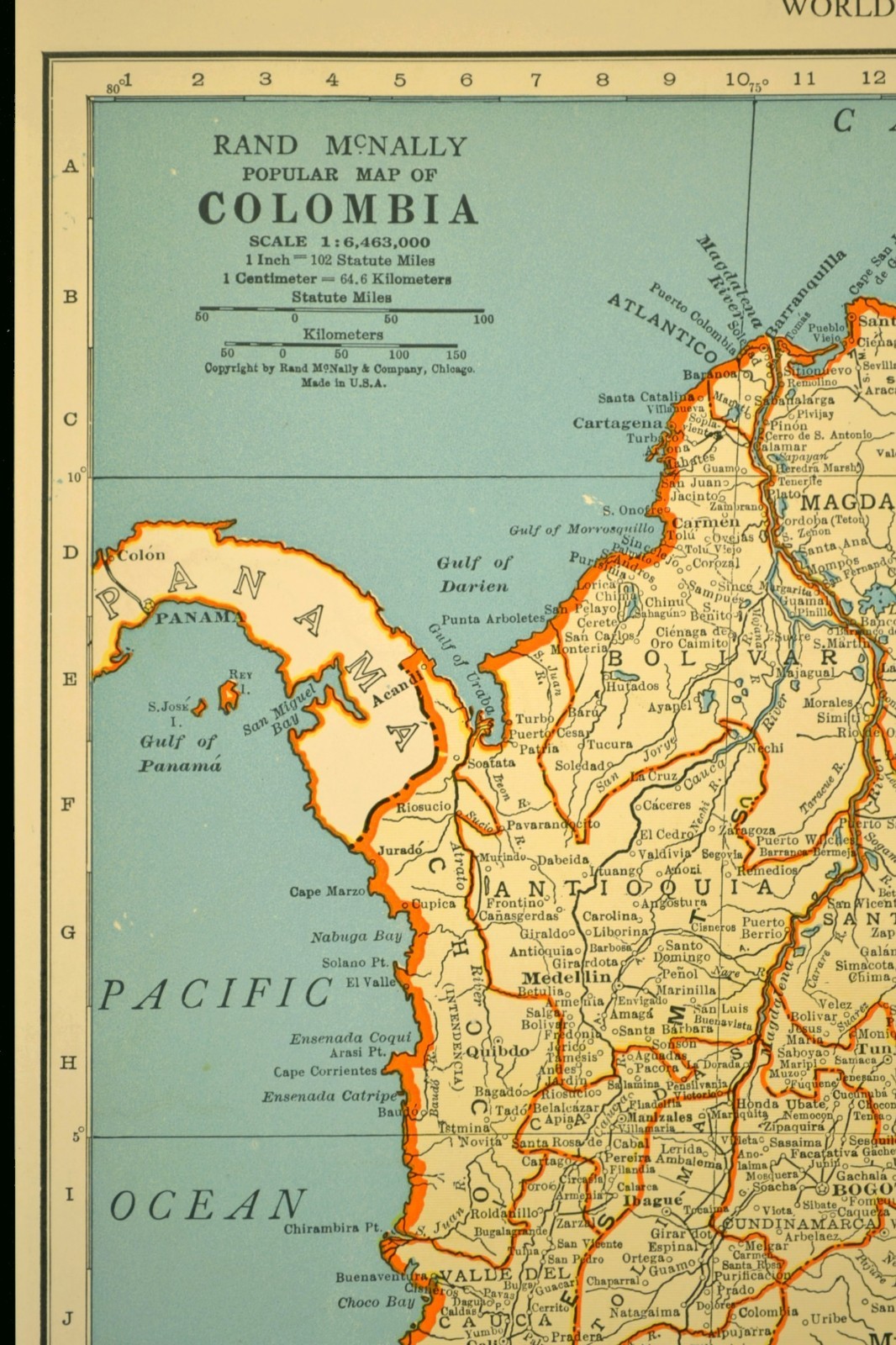 Vintage COLUMBIA Map Wall Art South America Old Original Medellin Bogota