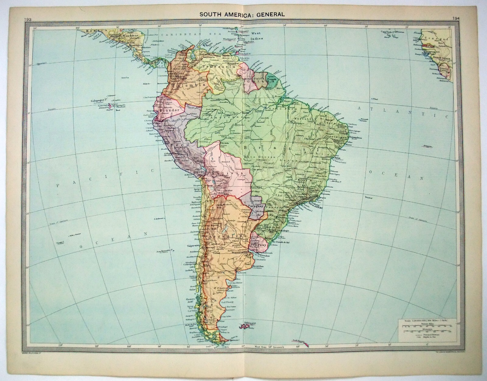 South America – Original 1926 Map by George Philip. Vintage