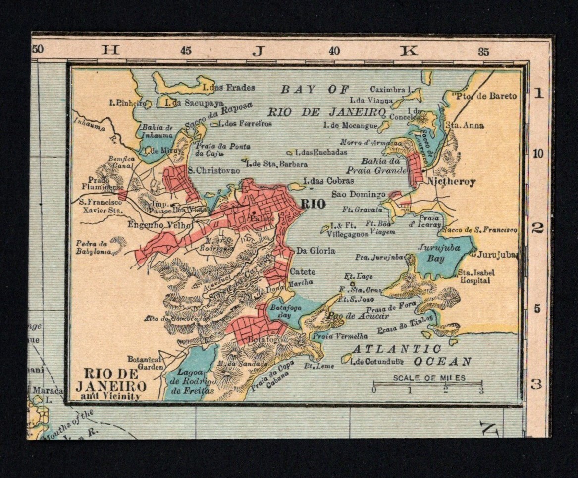 1923 Original Miniature Map of Rio de Janeiro & Vicinity, Brazil (3.5″ x 2.7″)