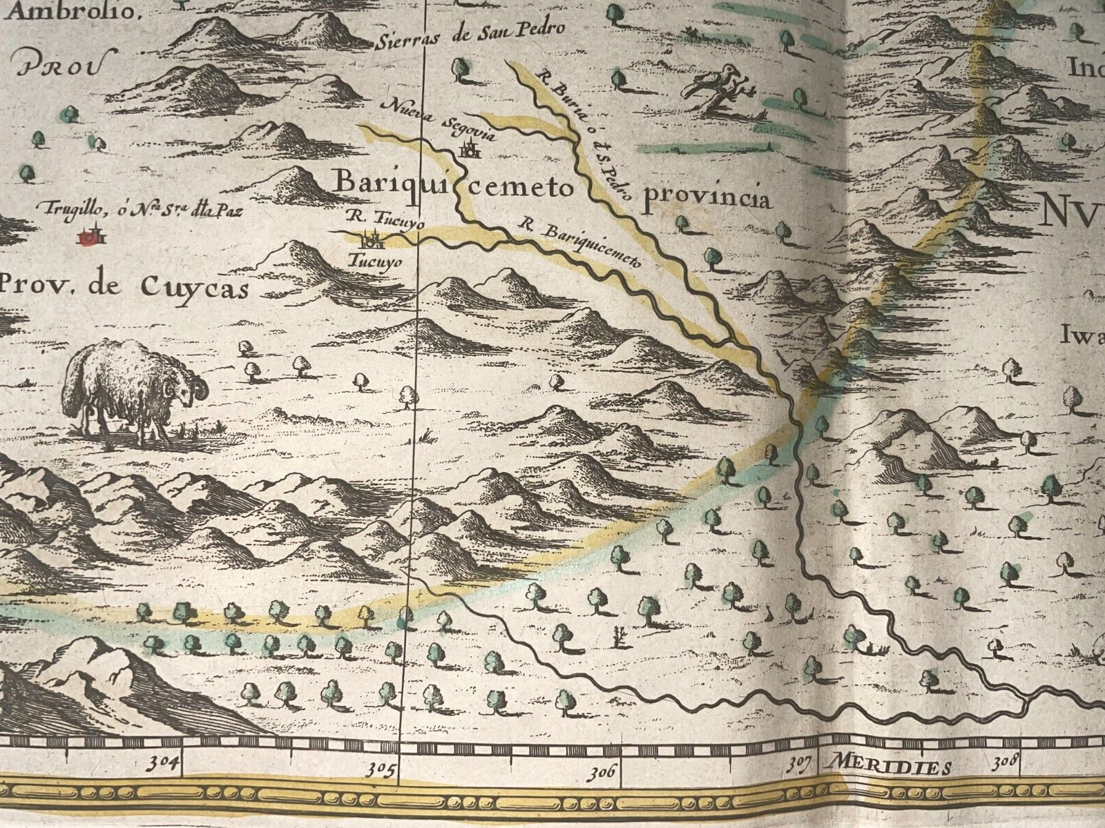 VENEZUELA 1642 WILLEM JANSZOON BLAEU LARGE ANTIQUE ENGRAVED MAP 17TH CENTURY