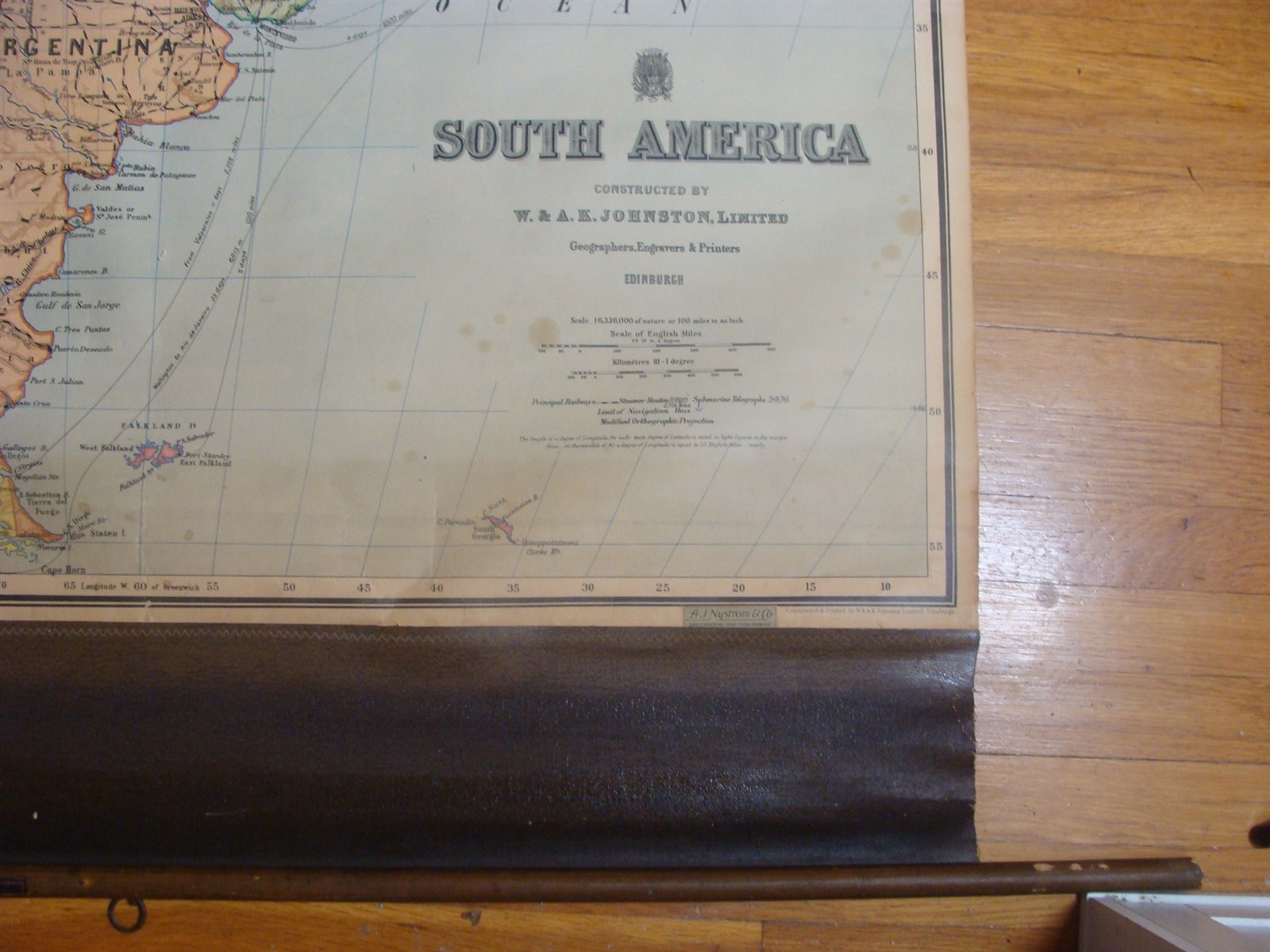 Antique 1930’s A J Nystrom S. America Wall Map W & AK Johnston