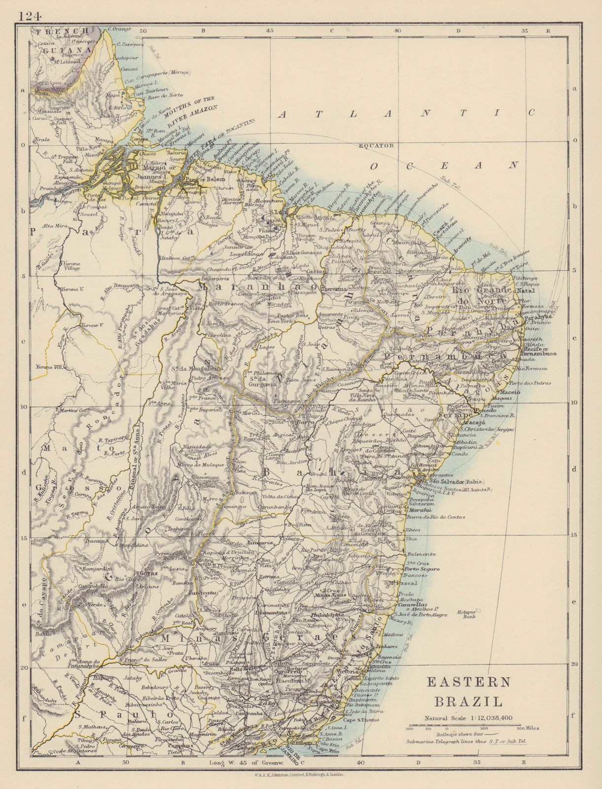 EASTERN BRAZIL. Bahia Minas Gerais Pernambuco Maranhao. JOHNSTON 1910 old map