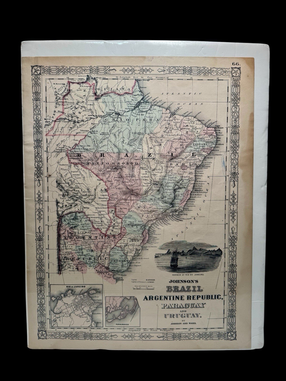 1864 Johnson & Ward Hand-Colored Map – Brazil, Argentina, Civil War Era