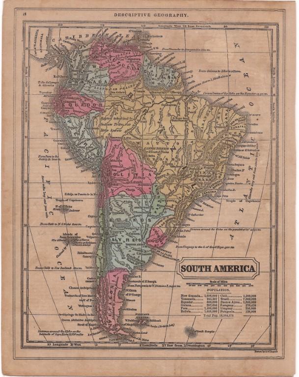 1856 ANTIQUE MITCHELL’S GEOGRAPHY ATLAS MAP OF SOUTH AMERICA-HAND COLORED