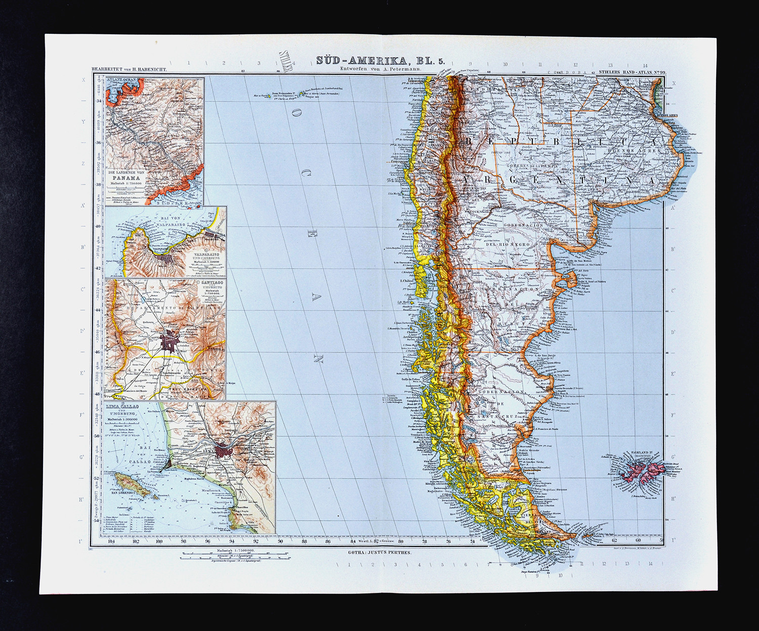1911 Stieler Map Argentina Chile Falkland Isles Santiago Lima Peru South America