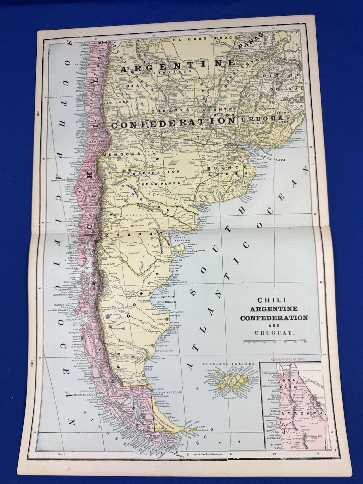1897 CHILI (Chile) & ARGENTINA Confederation Colored MAP 21.75″ x 14.25″