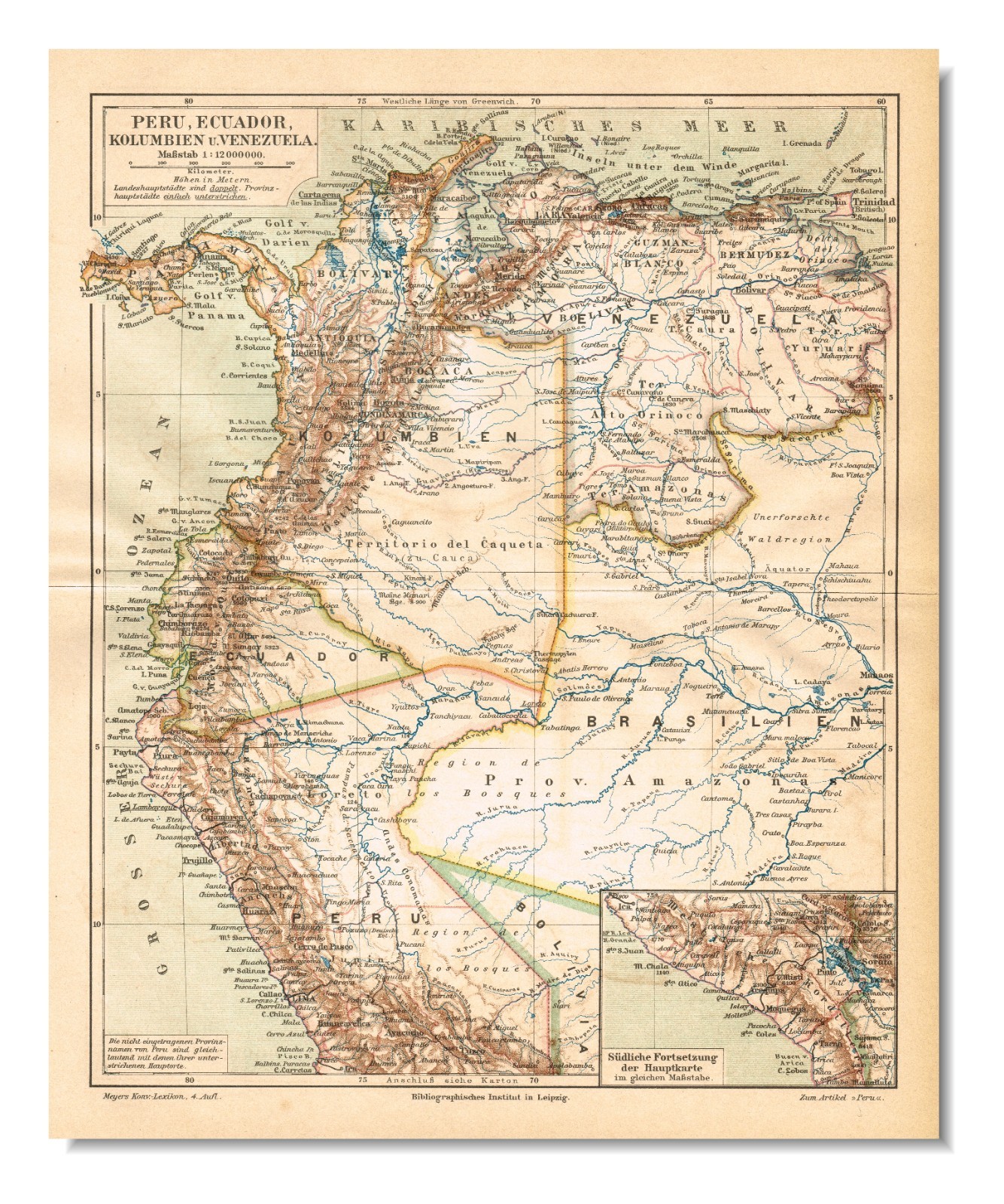COLUMBIA PERU VENEZUELA ECUADOR 1888 printed Original Antique Map BOGOTA LIMA