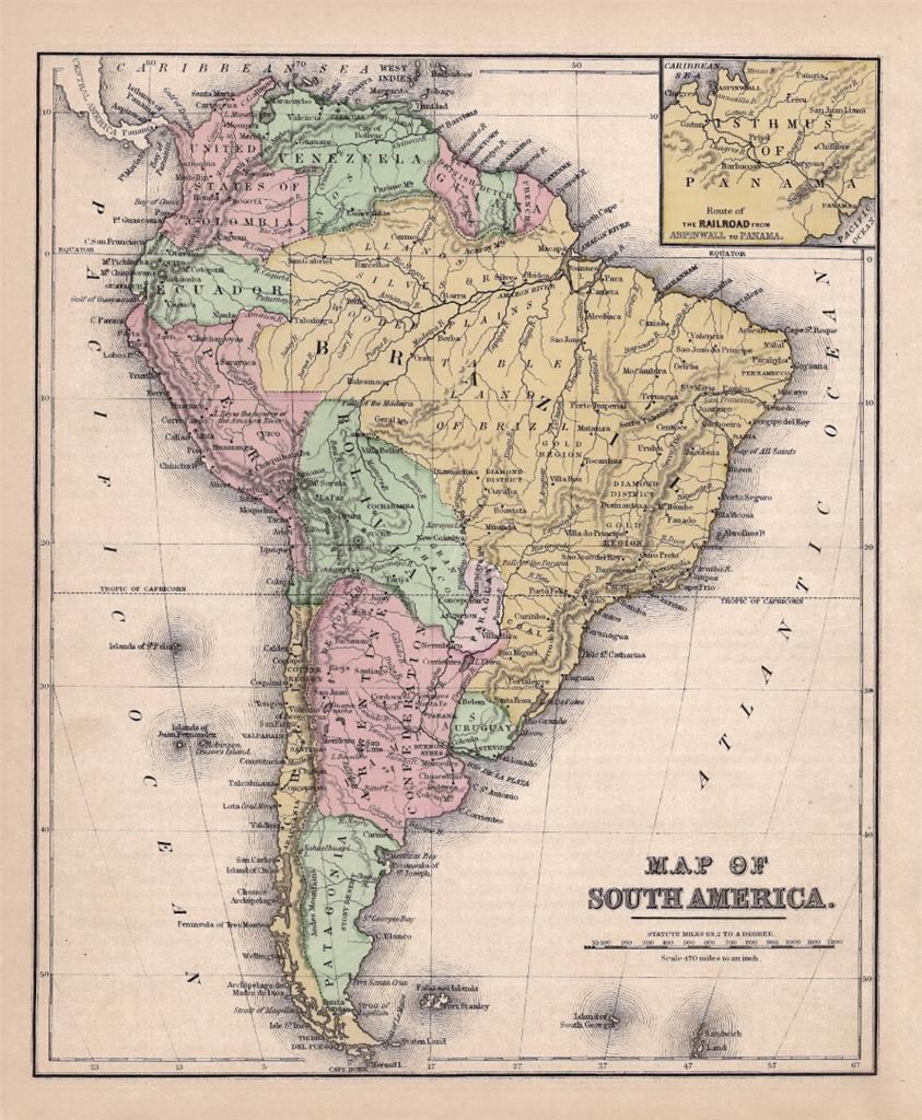 1875 ANTIQUE WARREN SCHOOL GEOGRAPHY ATLAS-MAP OF SOUTH AMERICA