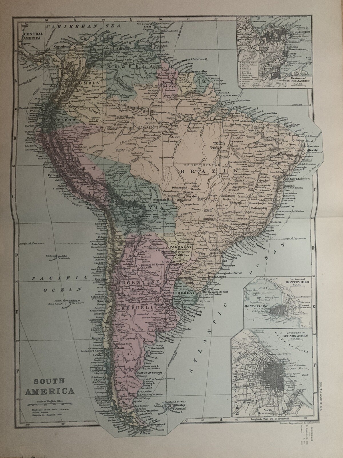 1891 South America Hand Coloured Original Antique Map by G.W. Bacon