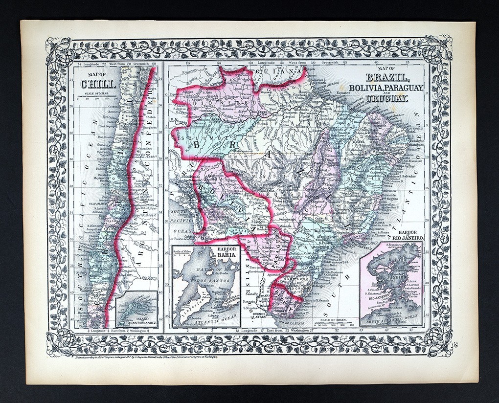 1874 Mitchell Map South America Brazil Argentina Patagonia Peru Chile Colombia