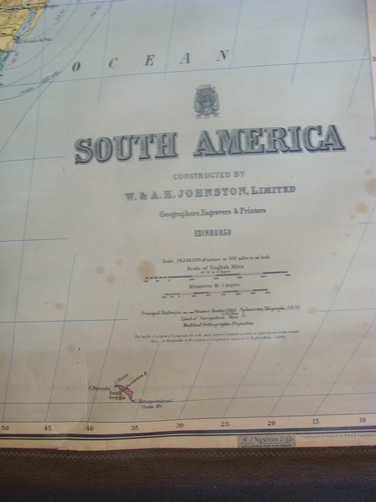 Antique 1930’s A J Nystrom S. America Wall Map W & AK Johnston