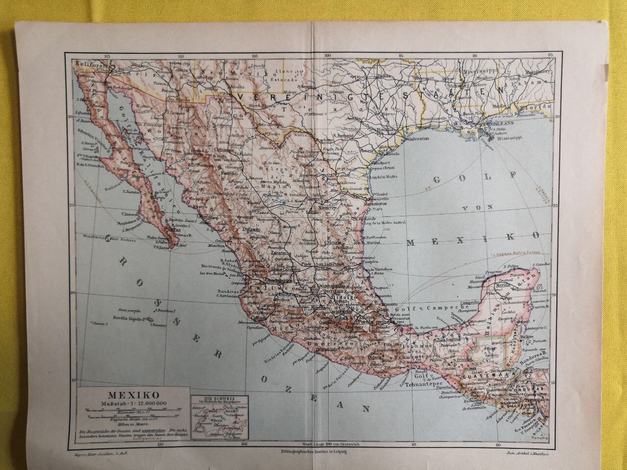 1894 MEXICO Vintage MAP Gulf Of Mexico City ORIGINAL 11.5 x 9.5 Color C12-4
