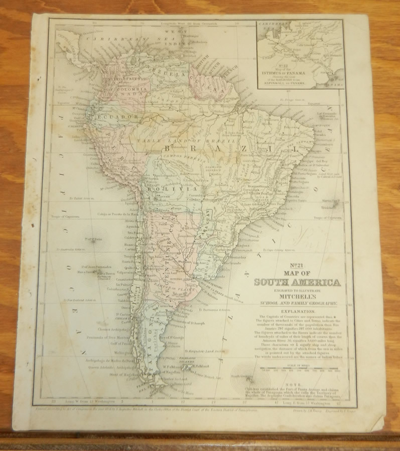 1852 Mitchell Antique COLOR Map///SOUTH AMERICA, b/w EUROPE
