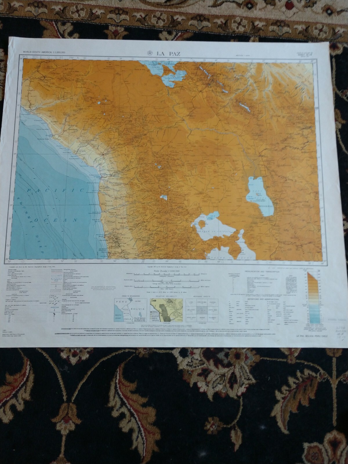 1952 Map of La Paz, Bolivia, Peru, Chile Arica Tacna Isla de Titicaca