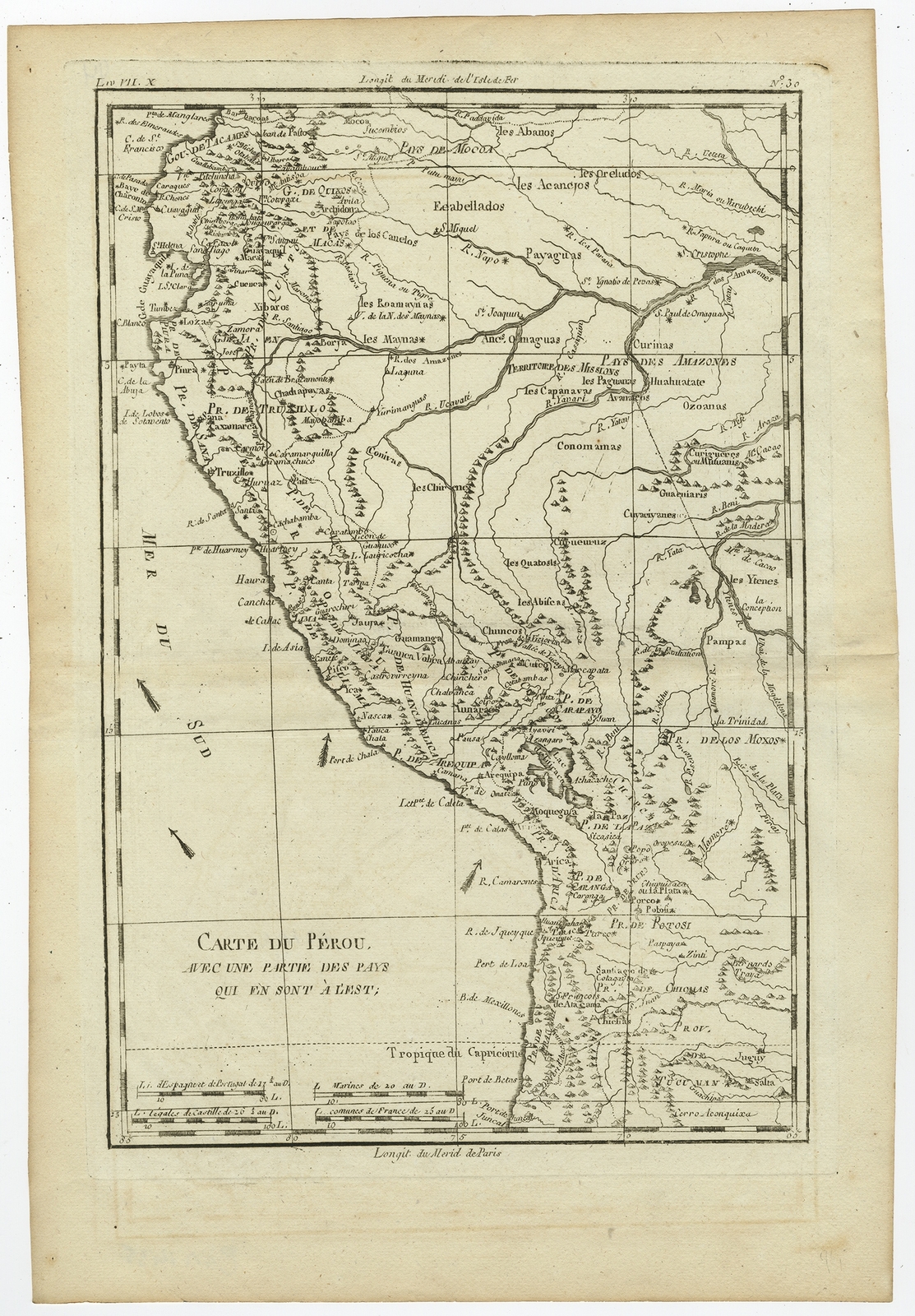 Antique Map of the western coast of South America by Bonne (c.1780)