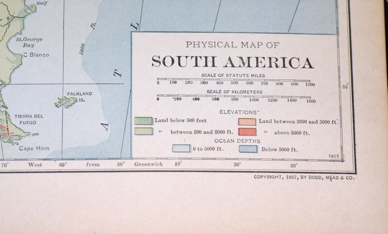 TWO South America Maps (Political & Physical) Authentic 1907 (Dated) Cities, RRs