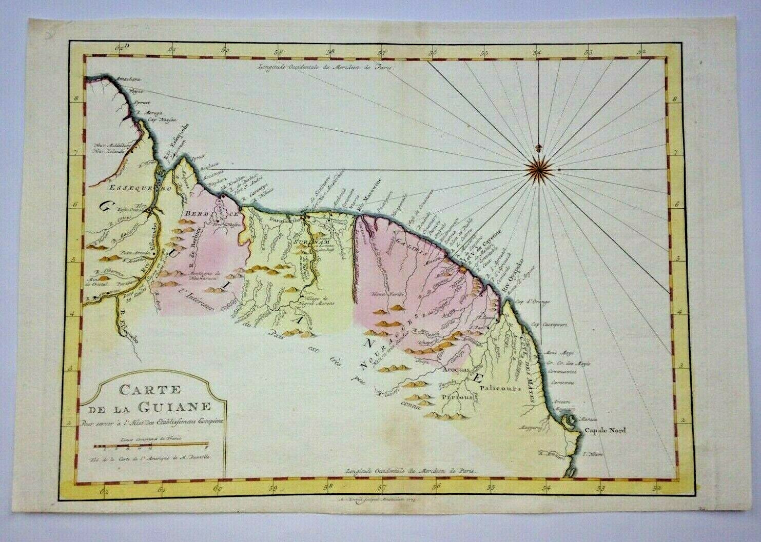 GUIANE SURINAM 1773 NICOLAS BELLIN NICE ANTIQUE MAP 18TH CENTURY