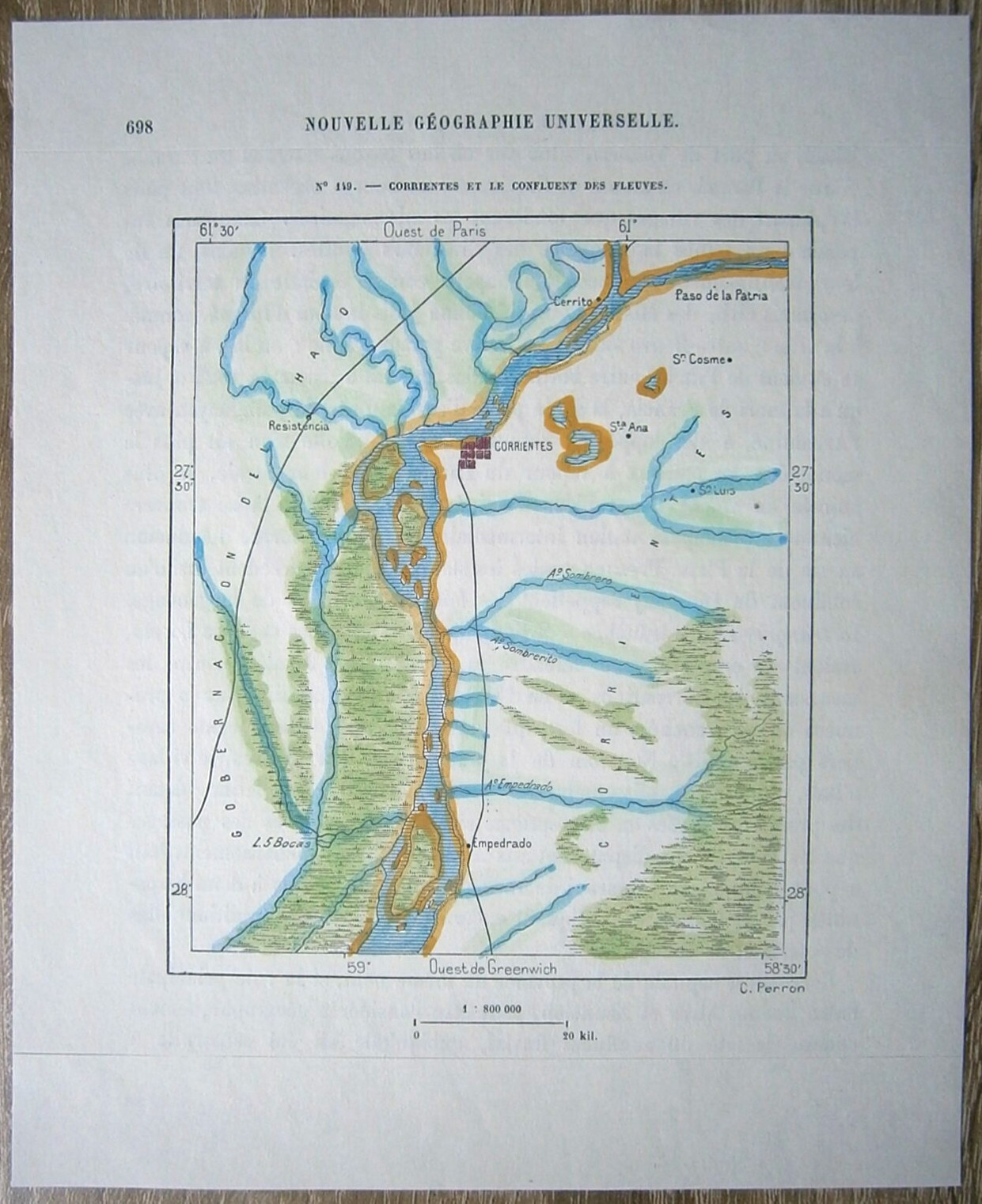 1894 Perron map CORRIENTES & CONFLUENCE OF RIVERS, ARGENTINA, #149