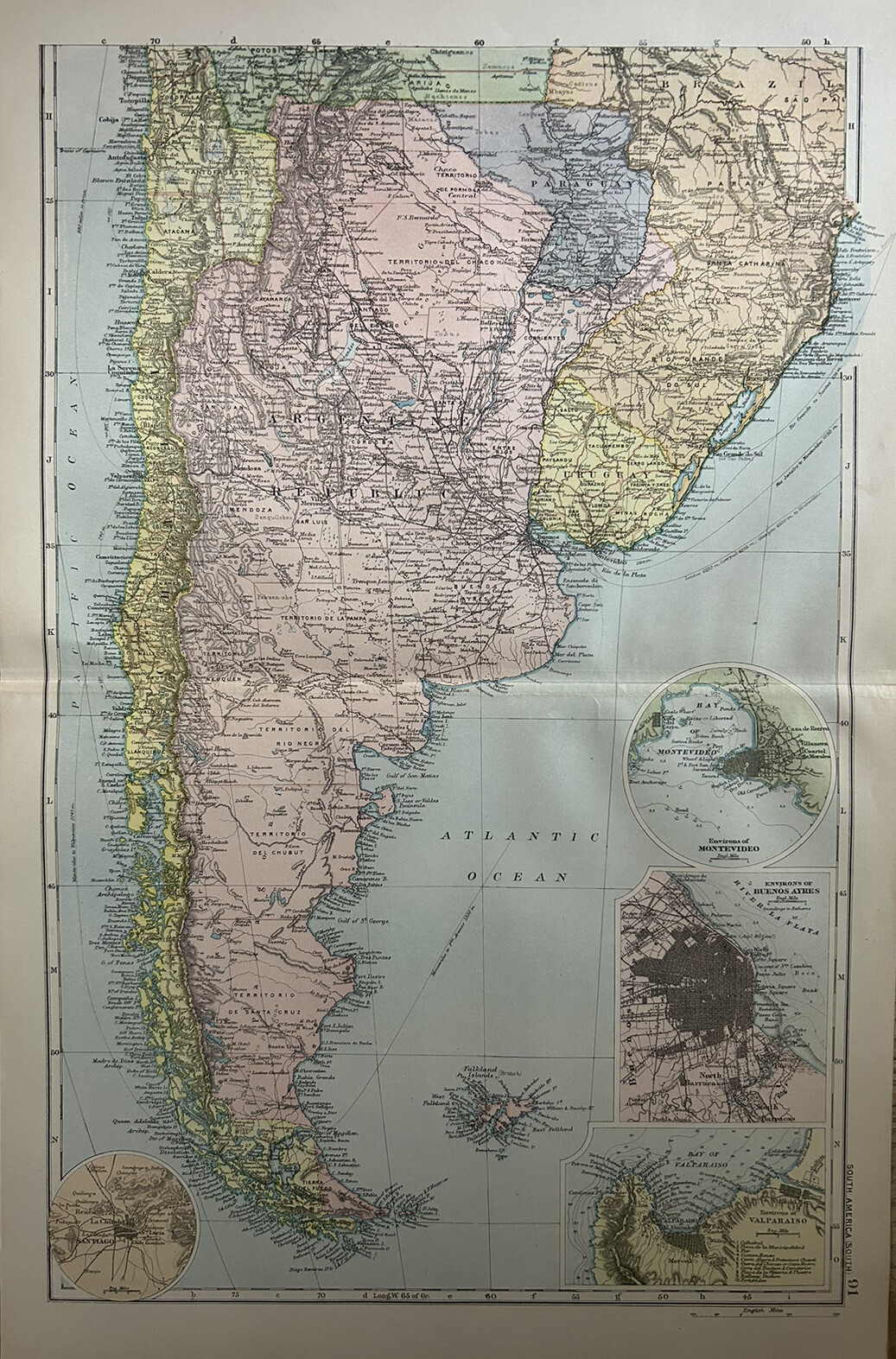 1893 Argentina, Chile, Uruguay & Paraguay Antique Map by G.W. Bacon