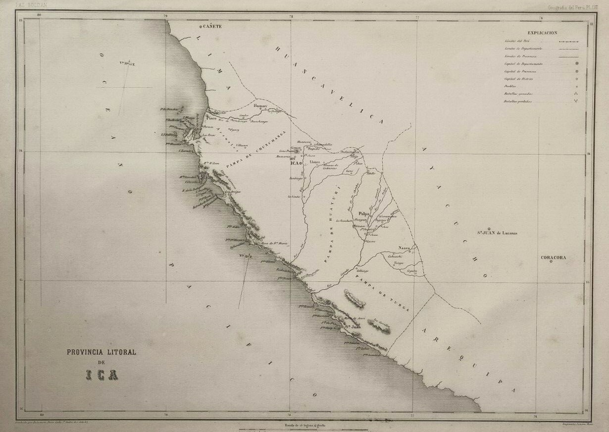 Paz Soldán Peru Provincia litoral de Ica 1865 Map Peru