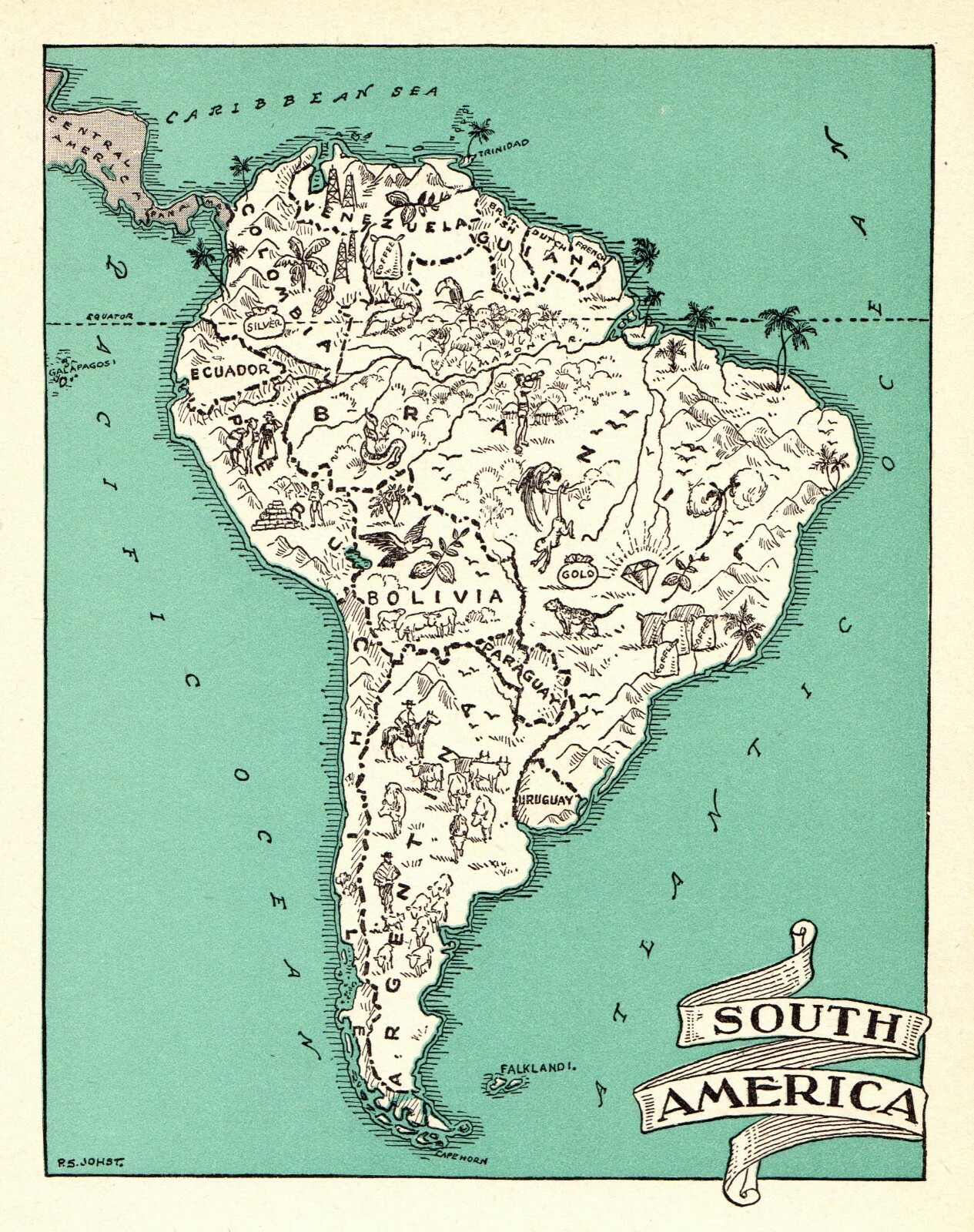1942 Antique Animated SOUTH AMERICA Picture Map Vintage Pictorial Map 6629