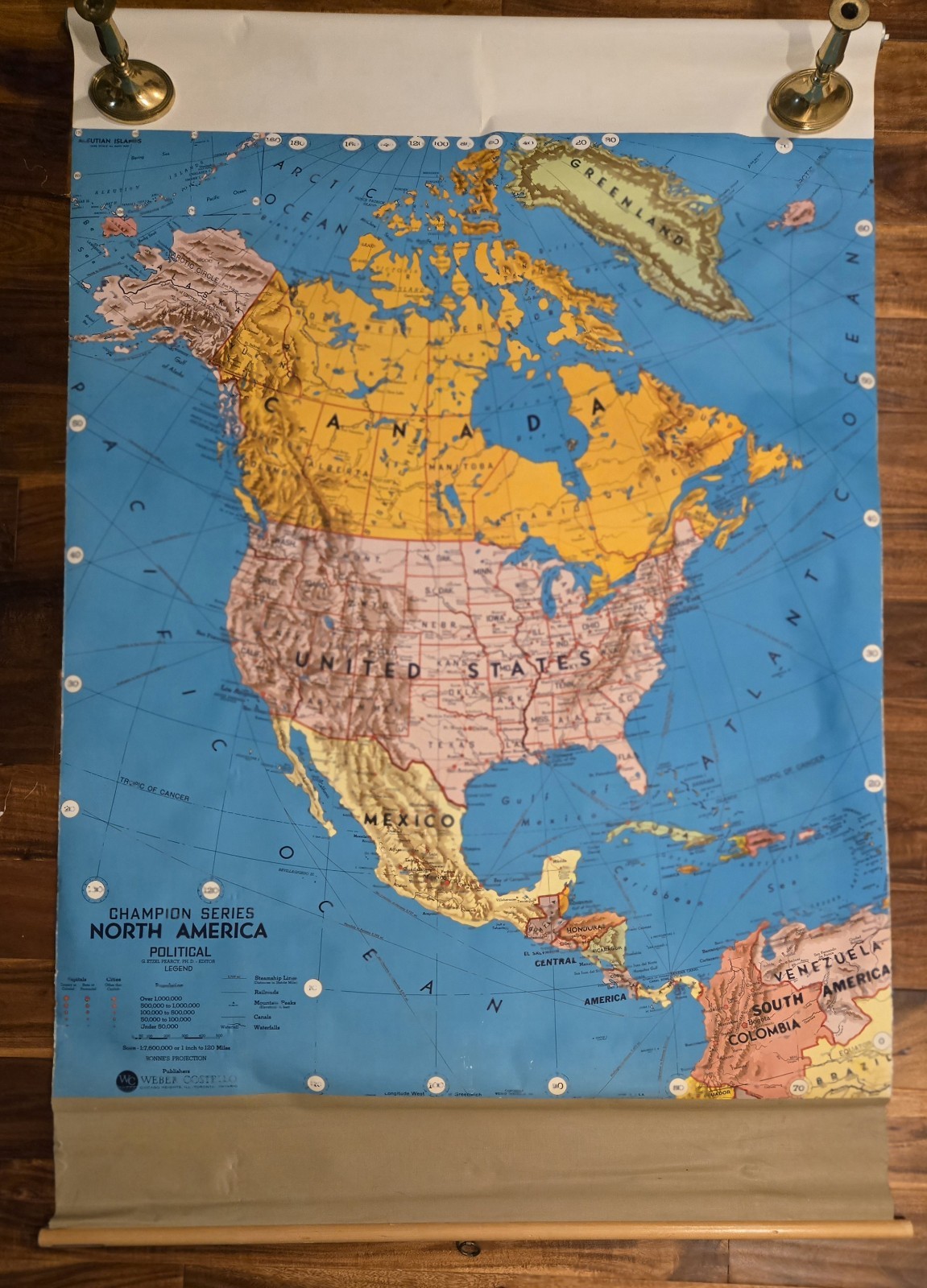 Vintage Champion Series North America Political Weber Costello Pull Down Map