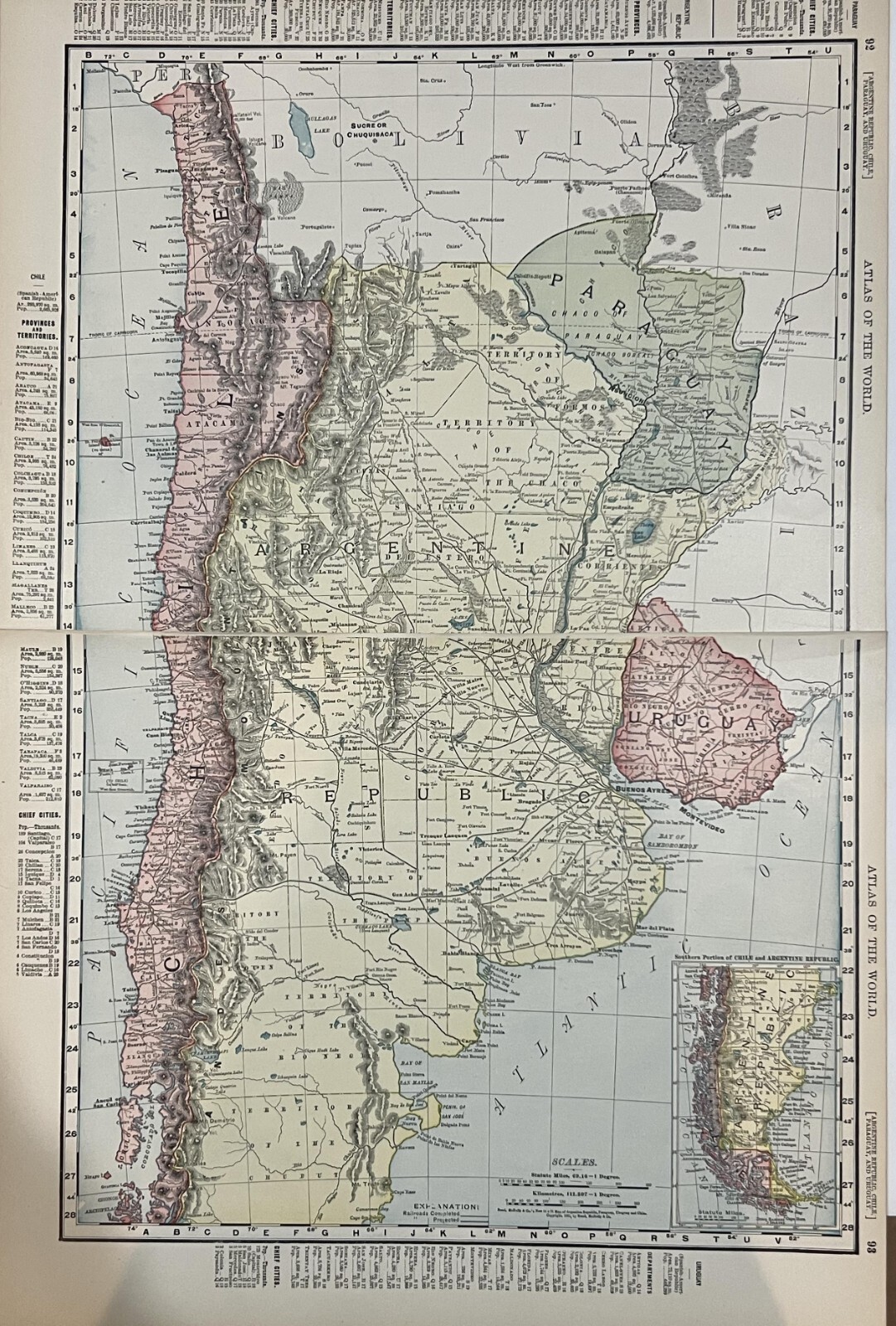 1895 Color Antique Double Page Map of Argentine Chile Paraguay Uruguay 11 X 22
