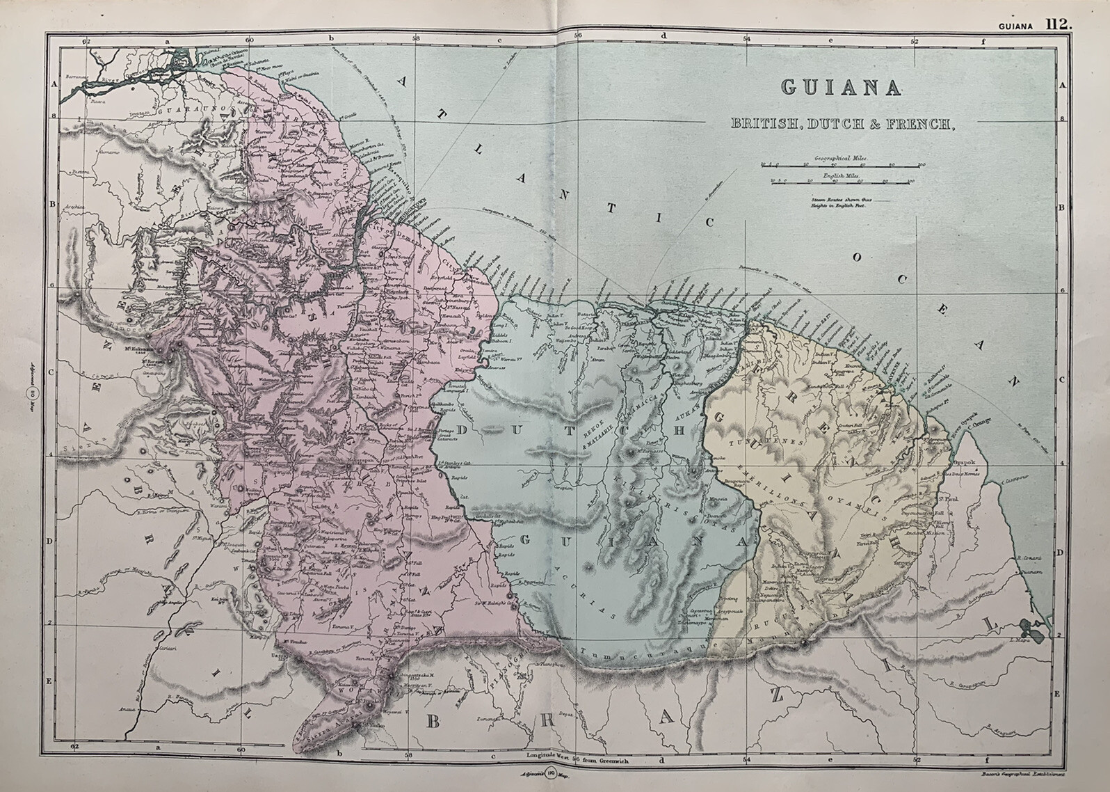 1891 British, French & Dutch Guiana Hand Coloured Antique Map by G.W. Bacon