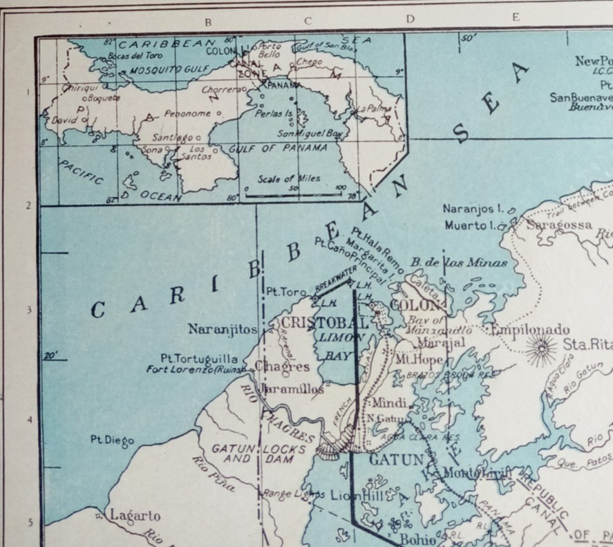 Antique 1914 Atlas Map of Panama Canal & West Indies Porto Rico Cuba Haiti L@@K!