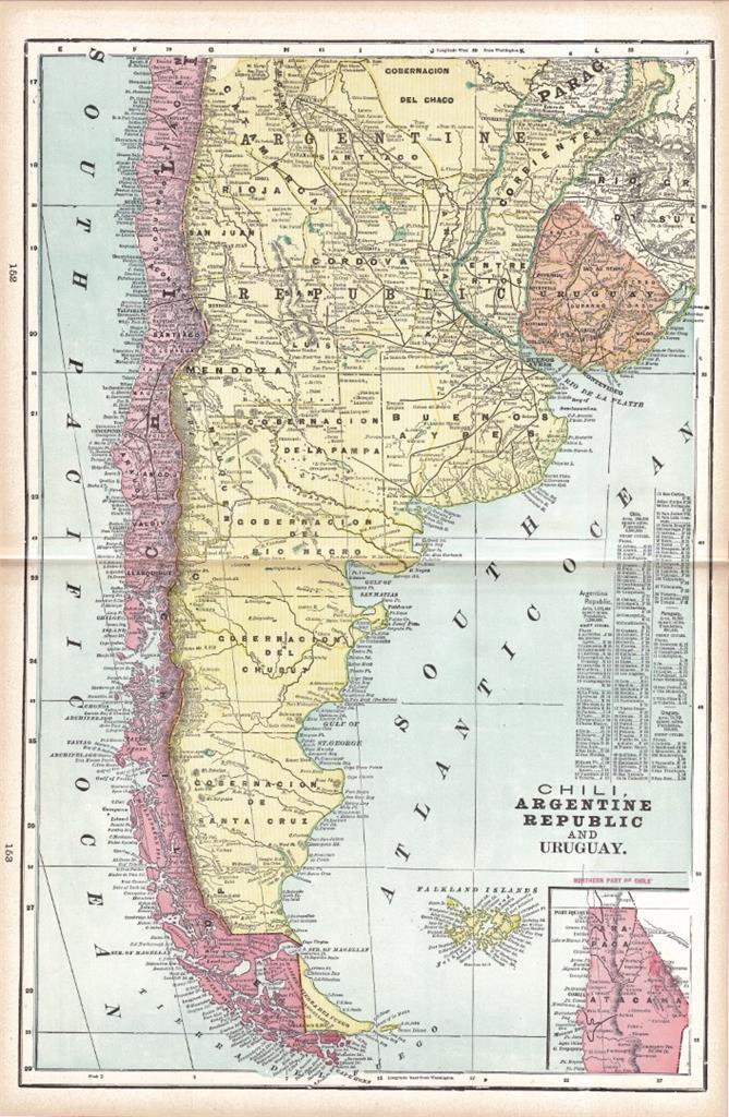 1898 ANTIQUE CRAM UNRIVALED ATLAS OF THE WORLD-MAP OF CHILE, ARGENTINA, URUGUAY