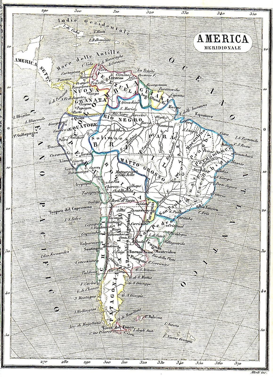 SOUTH AMERICA “America meridionale” 1857 N.Tommaseo ORIGINAL ANTIQUE MAP
