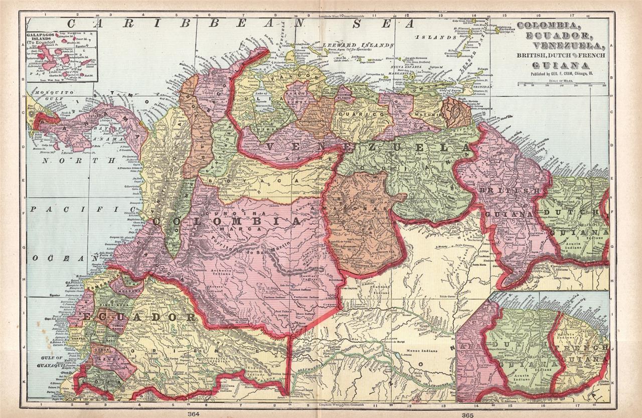 1898 ANTIQUE CRAM ATLAS MAP OF COLOMBIA, ECUADOR, VENEZUELA, GUIANA