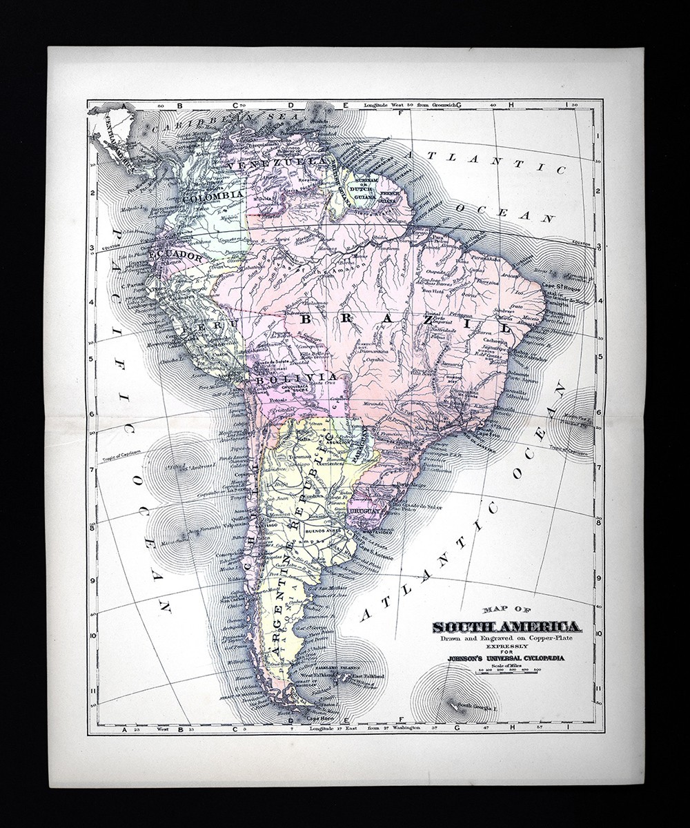 1896 Johnson Map South America Brazil Argentina Colombia Peru Bolivia Chile Rio