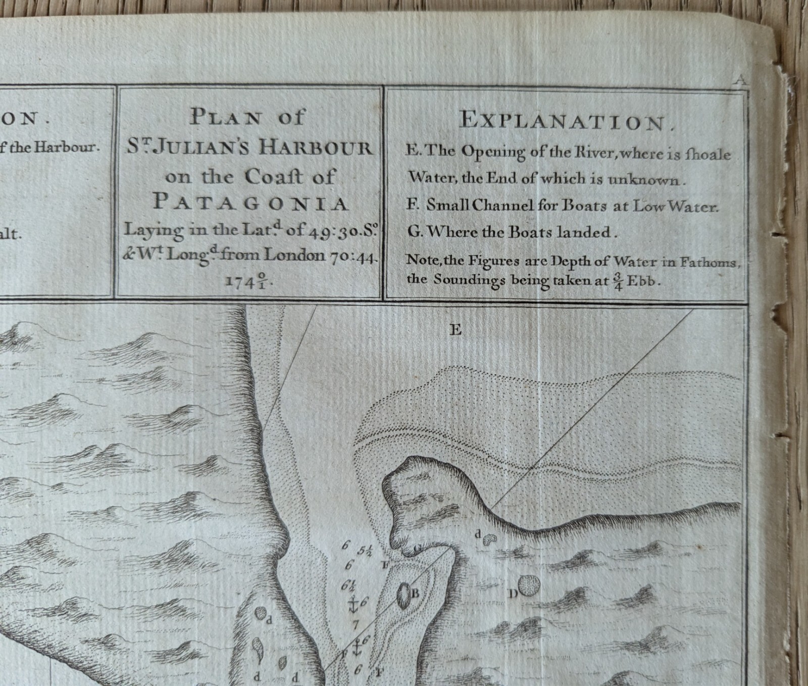 PATAGONIA PORT ST JULIAN ARGENTINA ANTIQUE MAP 1741 GEORGE ANSON SOUTH AMERICA