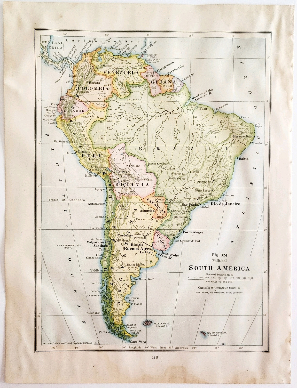 1916 Map South America Political Boundaries Brazil Chile Argentina Guiana DWSS15