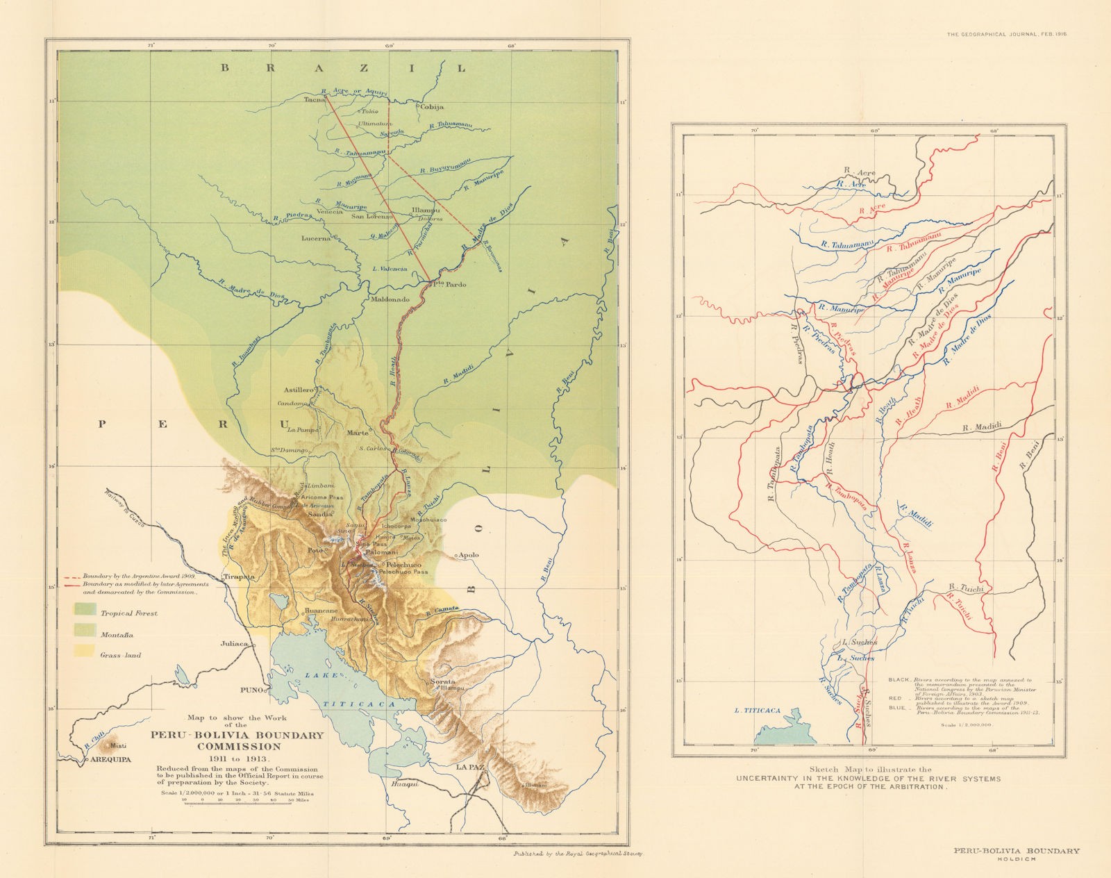 Peru-Bolivia Boundary Commission 1911 to 1913. RGS/Colonel T.H. Holdich 1916 map