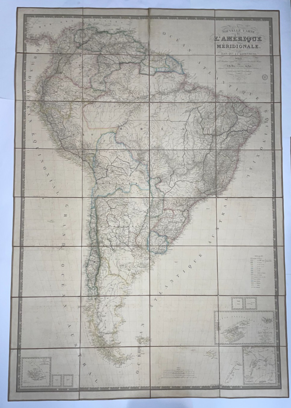 SOUTH AMERICA 1843 A.H. BRUE UNUSUAL OVERSIZE ANTIQUE WALL MAP IN ITS BOX