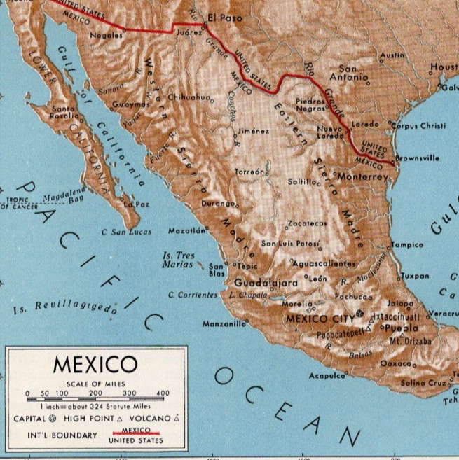 Mexico Central Plateau & Coasts Small Vintage Map 1922–1948 Print