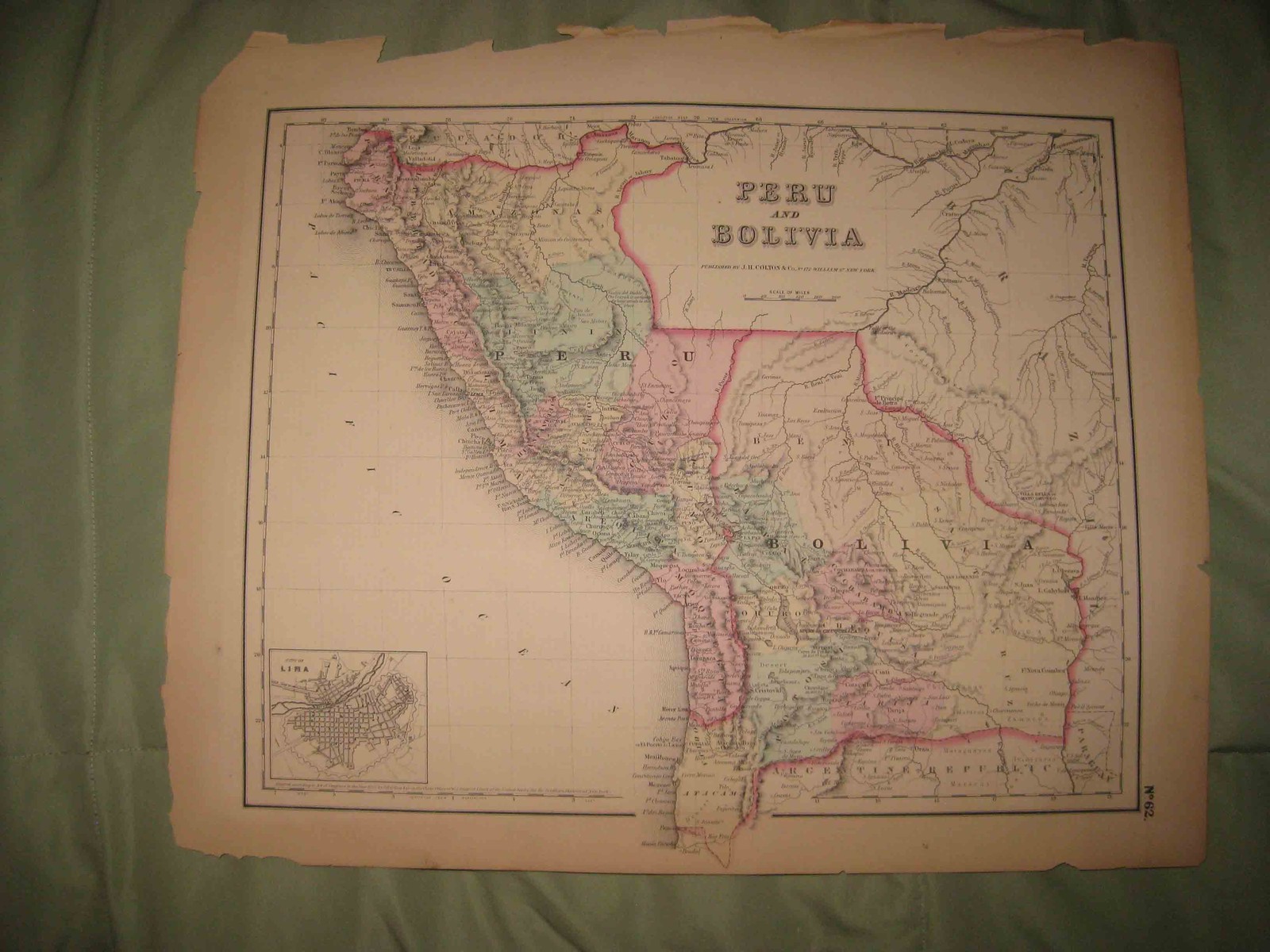 LARGE GORGEOUS ANTIQUE 1855 PERU BOLIVIA COLTON HANDCOLORED MAP LIMA JOHNSON NR
