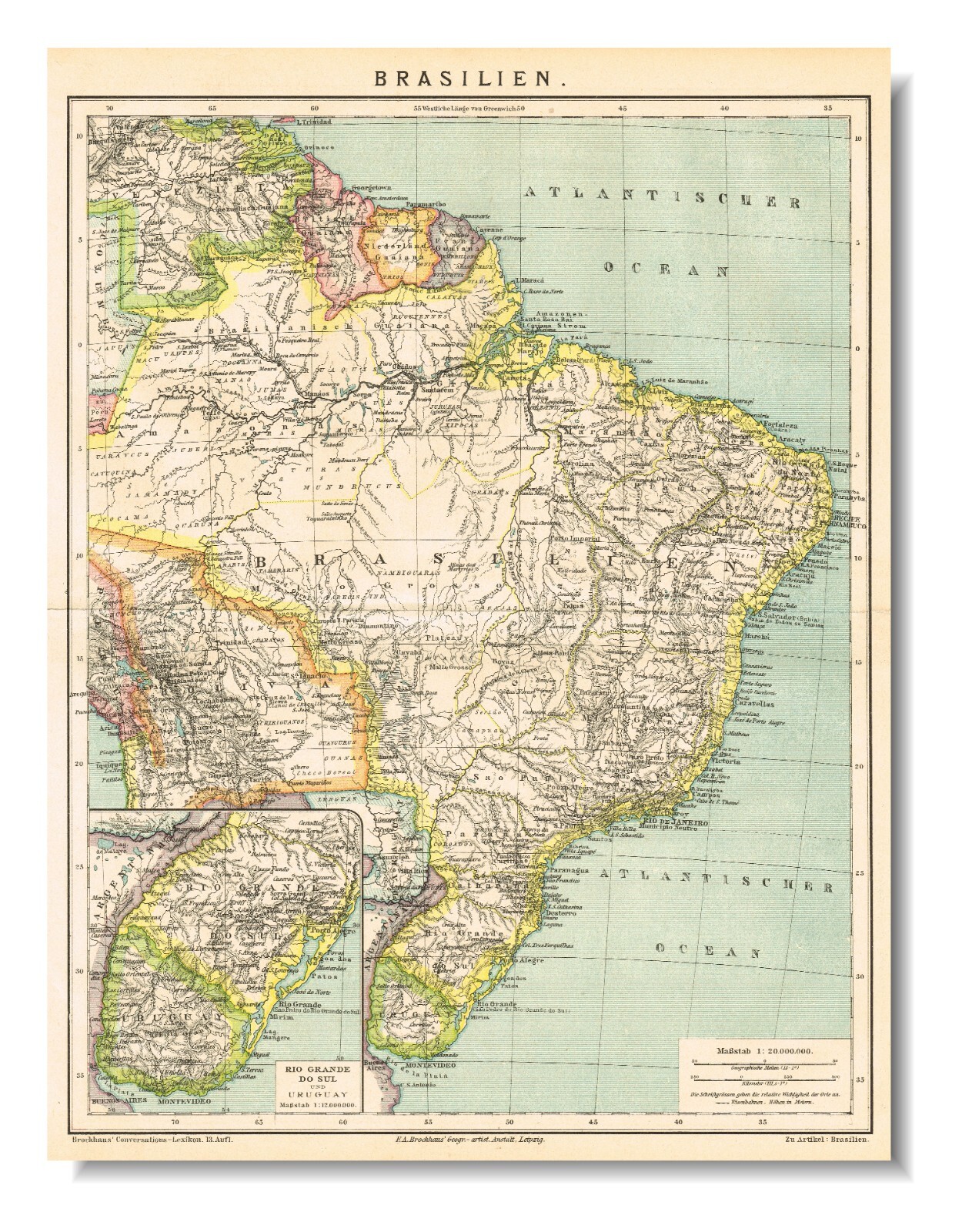 BRASIL printed 1882 Original Antique Vintage Map Rio de Janeiro Rio Grande